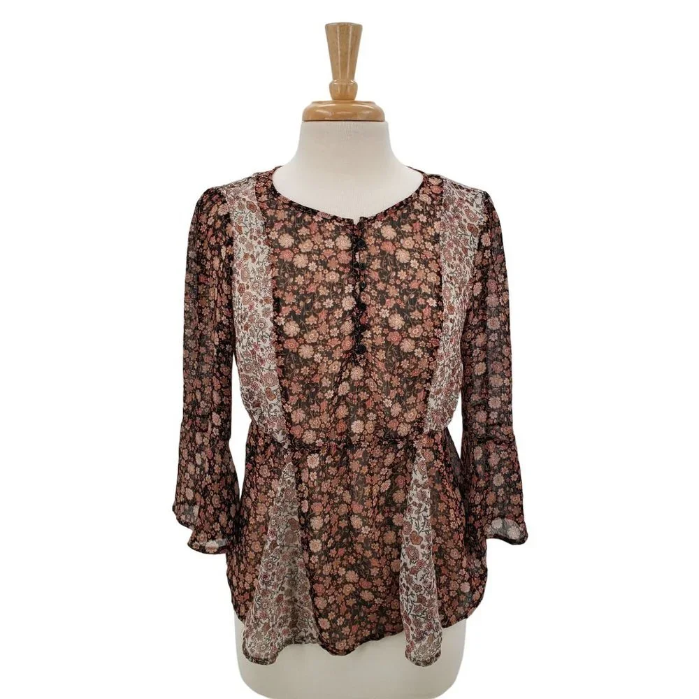 Maurices Womens Bell Sleeve Blouse Top Size‎ M Sheer Button Pink Black Boho